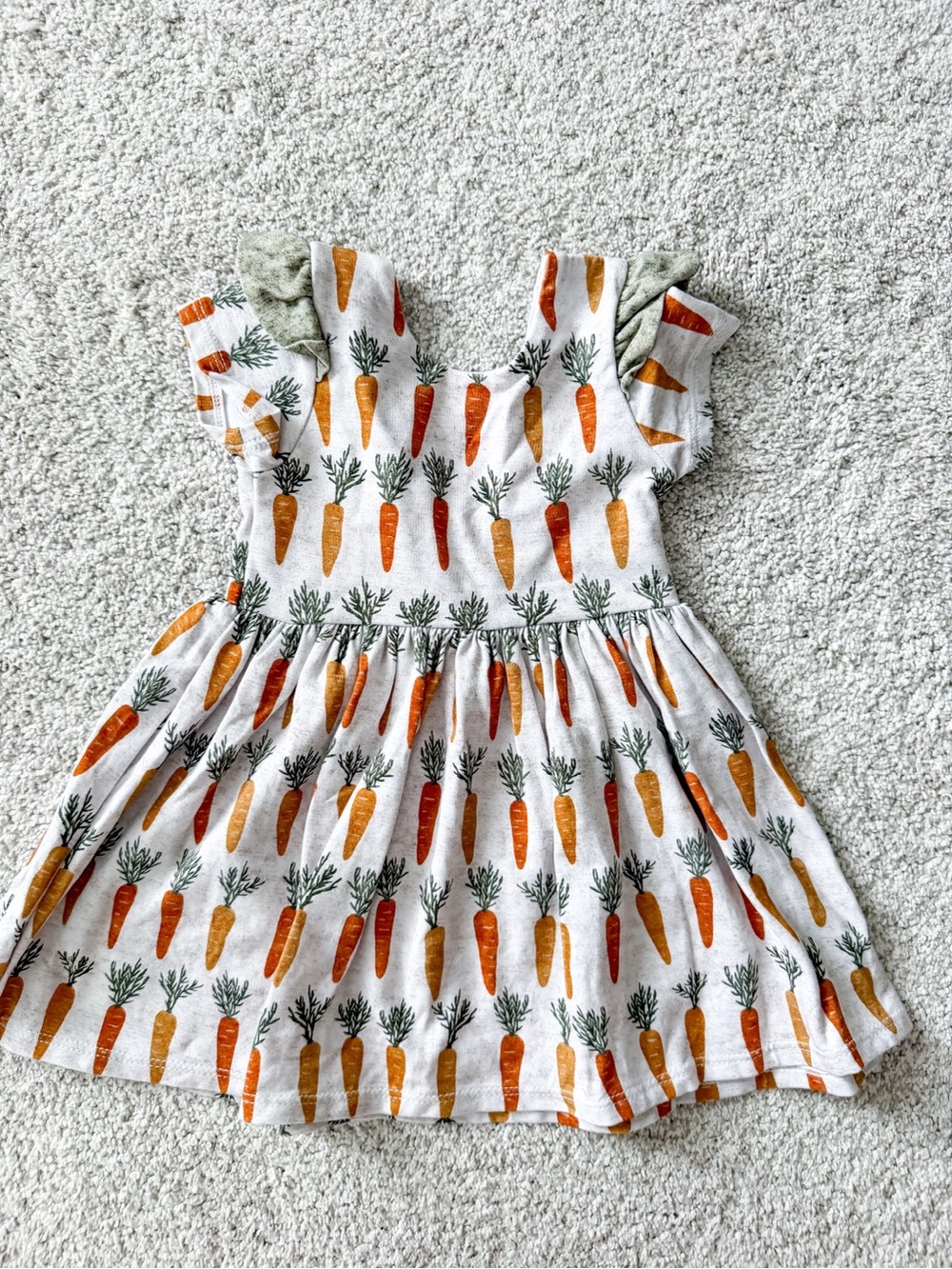 Kids Carrot Print Flutter Sleeve Dress - White & Orange